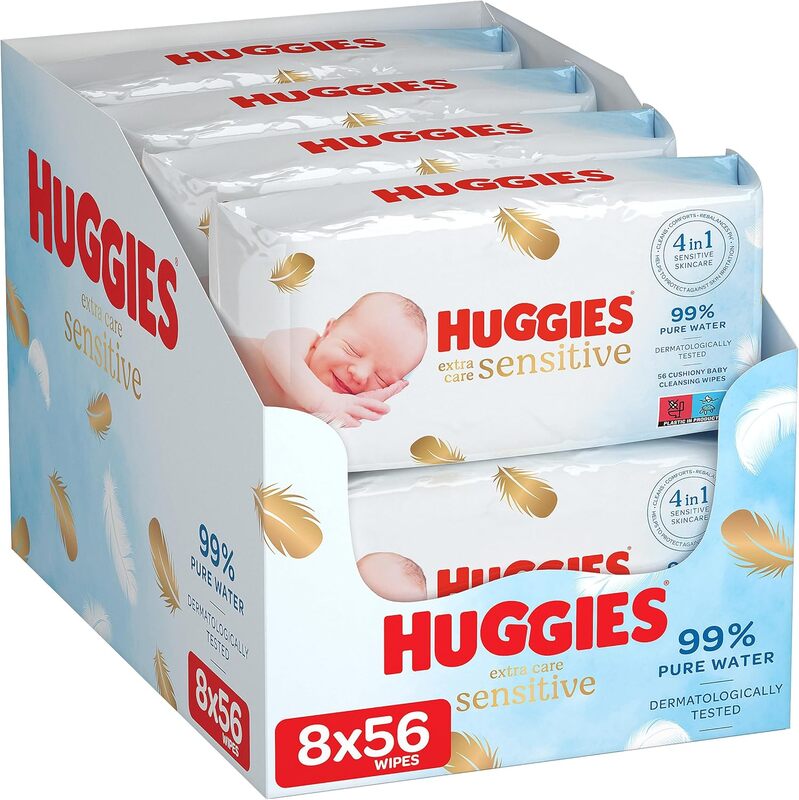 Huggies Pure Extra Care, Baby Wipes - 8 Packs 448 Wipes Total - Fragrance Free Wet Wipes for Sensitive Skin - 99 Percent Pure Water With Natural Fibers